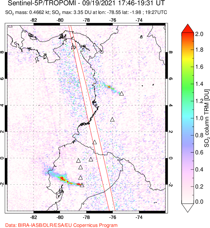 A sulfur dioxide image over Ecuador on Sep 19, 2021.