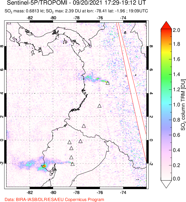 A sulfur dioxide image over Ecuador on Sep 20, 2021.