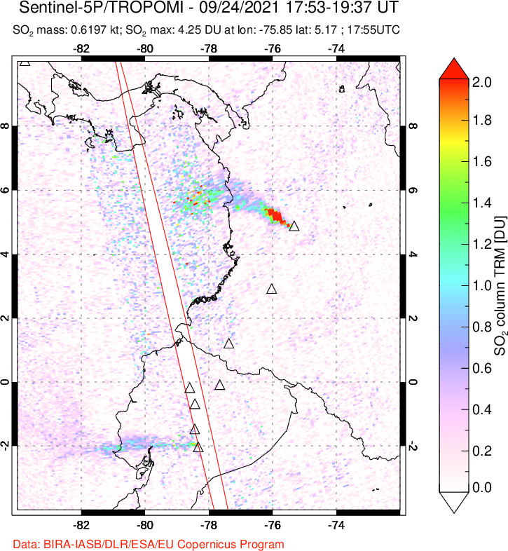 A sulfur dioxide image over Ecuador on Sep 24, 2021.