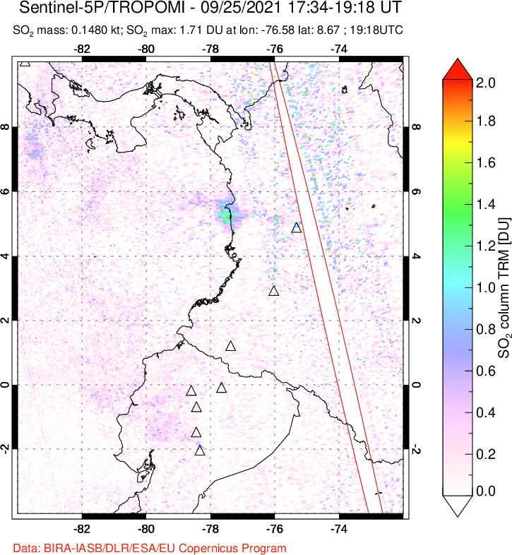 A sulfur dioxide image over Ecuador on Sep 25, 2021.