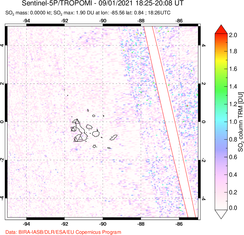 A sulfur dioxide image over Galápagos Islands on Sep 01, 2021.