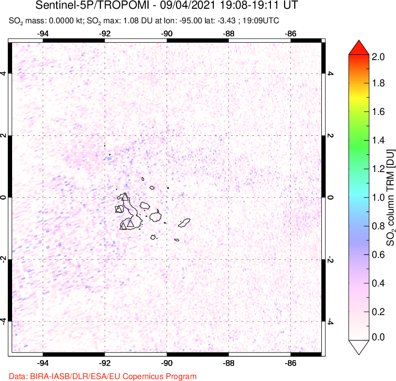 A sulfur dioxide image over Galápagos Islands on Sep 04, 2021.