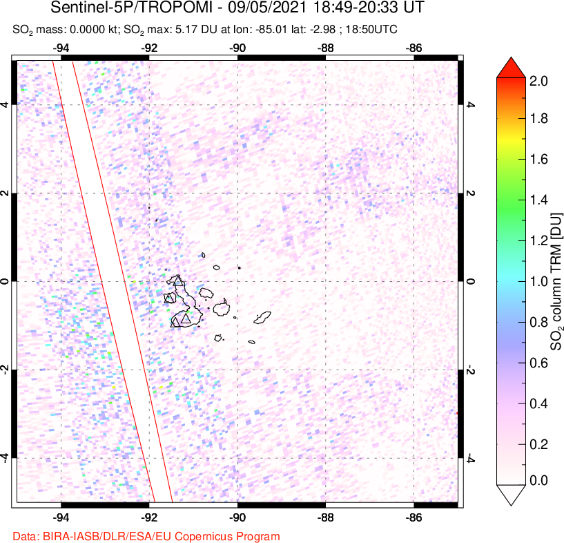 A sulfur dioxide image over Galápagos Islands on Sep 05, 2021.