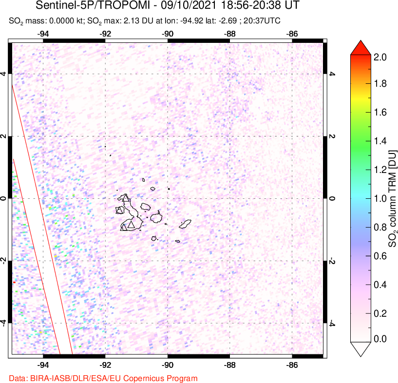 A sulfur dioxide image over Galápagos Islands on Sep 10, 2021.