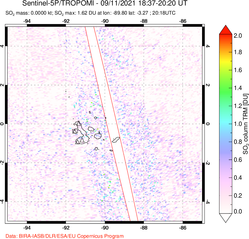 A sulfur dioxide image over Galápagos Islands on Sep 11, 2021.
