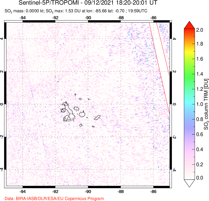 A sulfur dioxide image over Galápagos Islands on Sep 12, 2021.