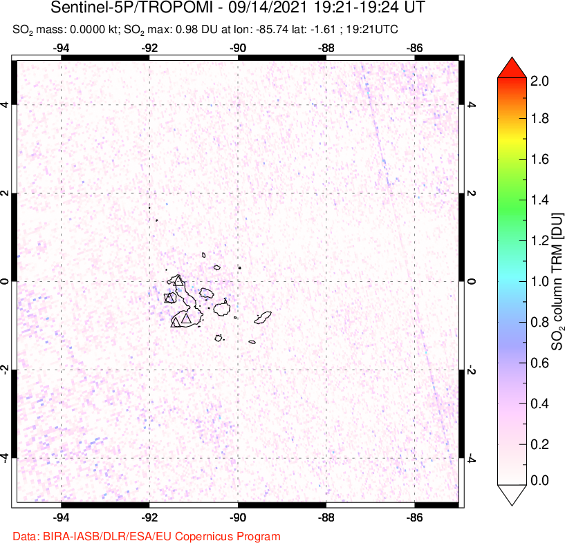 A sulfur dioxide image over Galápagos Islands on Sep 14, 2021.