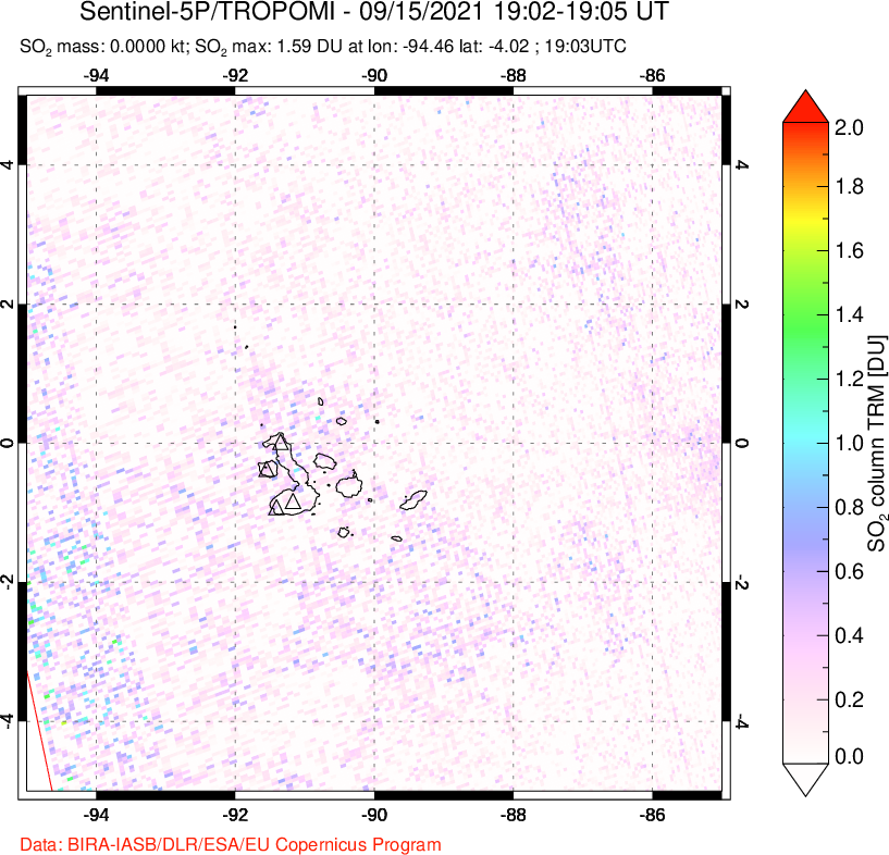 A sulfur dioxide image over Galápagos Islands on Sep 15, 2021.