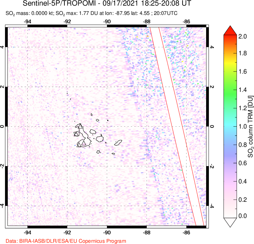 A sulfur dioxide image over Galápagos Islands on Sep 17, 2021.