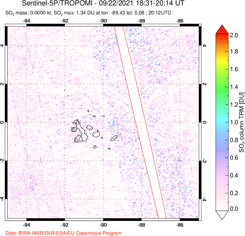 A sulfur dioxide image over Galápagos Islands on Sep 22, 2021.