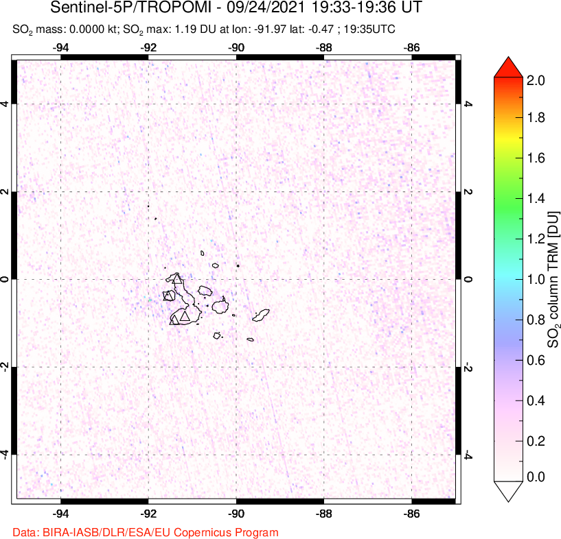 A sulfur dioxide image over Galápagos Islands on Sep 24, 2021.