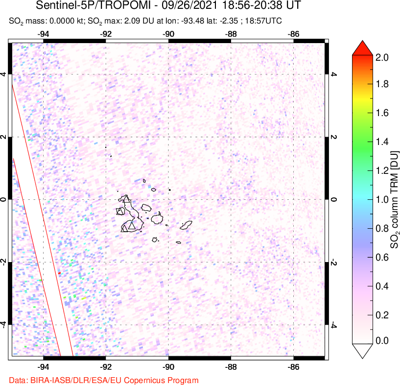 A sulfur dioxide image over Galápagos Islands on Sep 26, 2021.