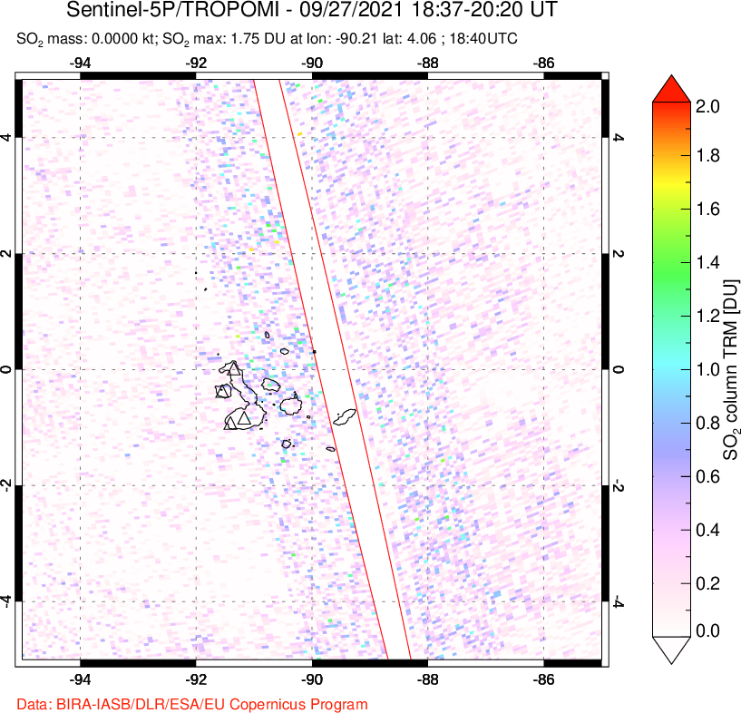 A sulfur dioxide image over Galápagos Islands on Sep 27, 2021.