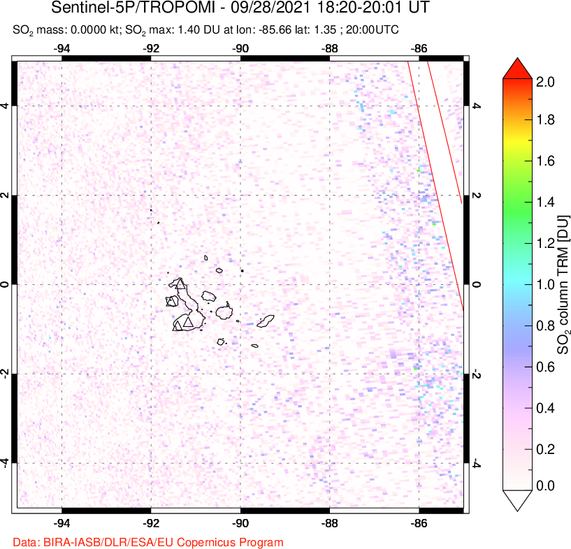 A sulfur dioxide image over Galápagos Islands on Sep 28, 2021.