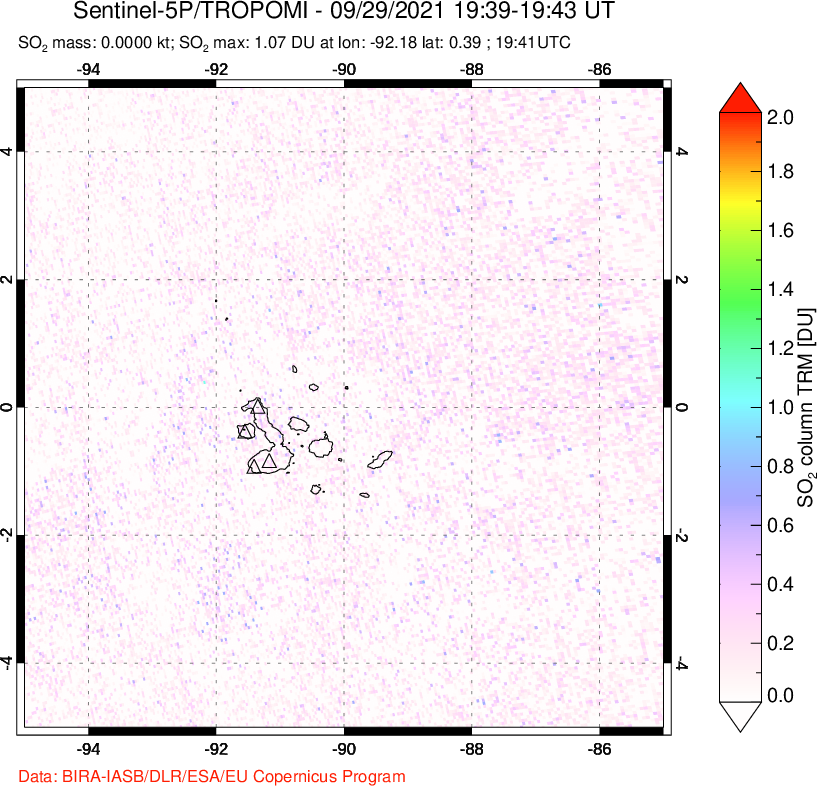 A sulfur dioxide image over Galápagos Islands on Sep 29, 2021.