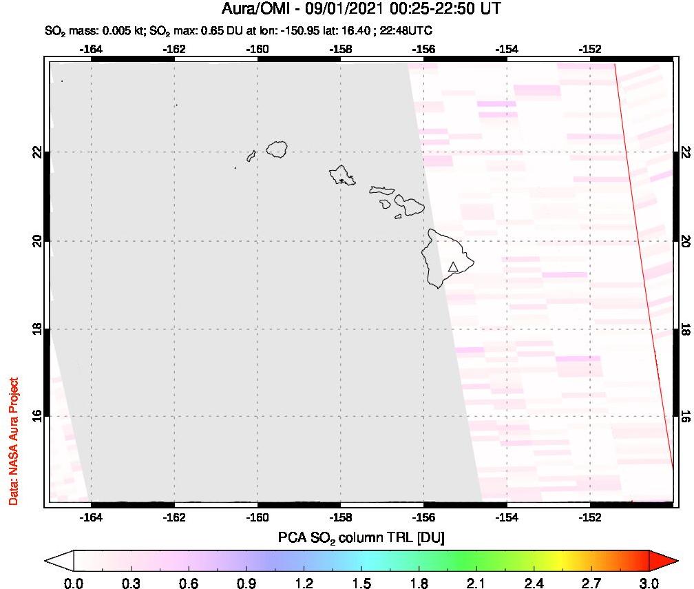 A sulfur dioxide image over Hawaii, USA on Sep 01, 2021.