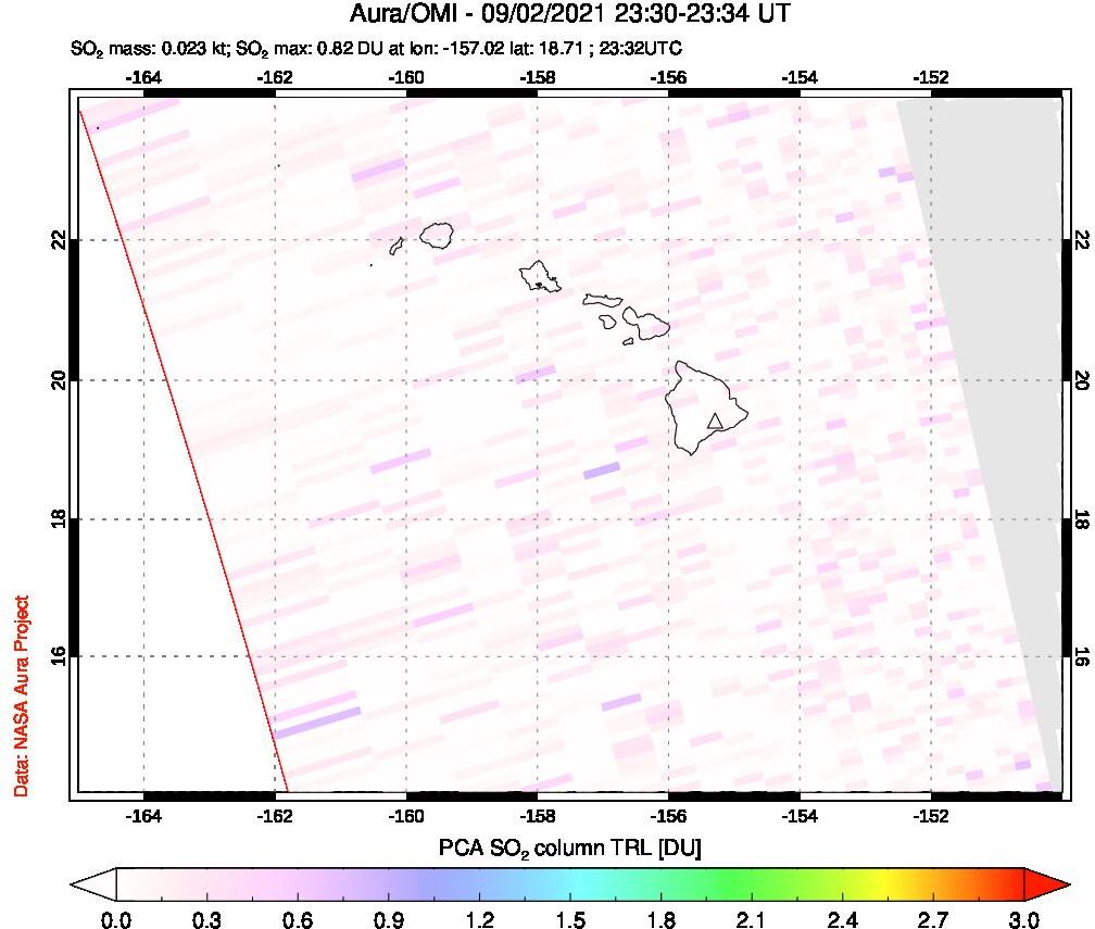 A sulfur dioxide image over Hawaii, USA on Sep 02, 2021.