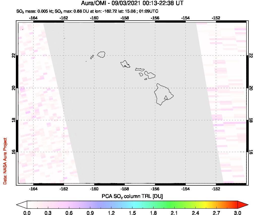 A sulfur dioxide image over Hawaii, USA on Sep 03, 2021.