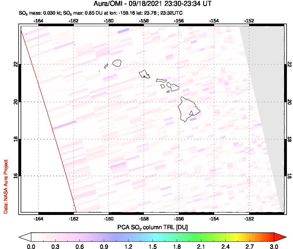 A sulfur dioxide image over Hawaii, USA on Sep 18, 2021.