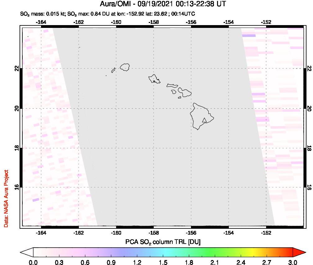 A sulfur dioxide image over Hawaii, USA on Sep 19, 2021.