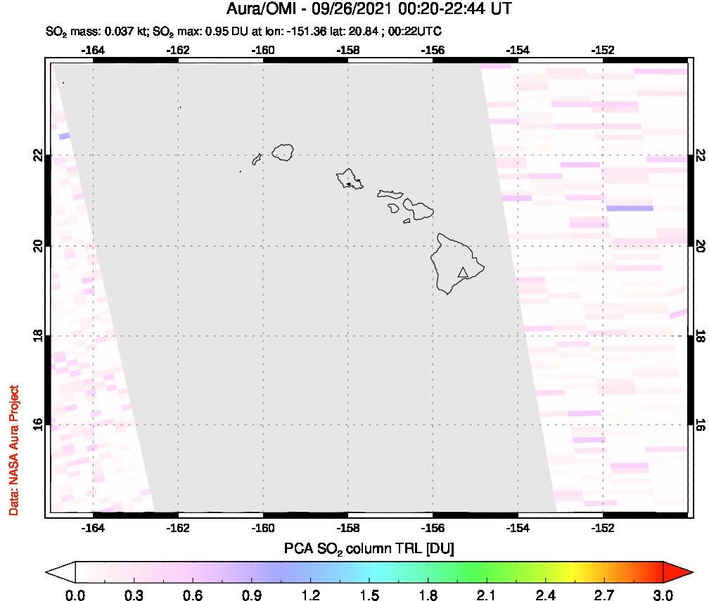 A sulfur dioxide image over Hawaii, USA on Sep 26, 2021.