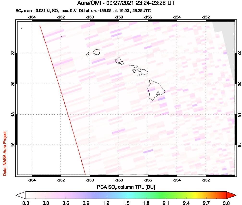 A sulfur dioxide image over Hawaii, USA on Sep 27, 2021.