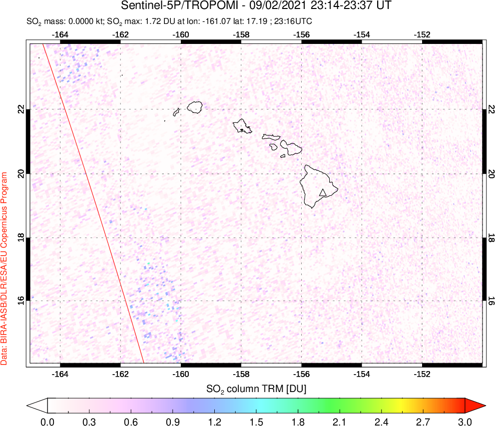 A sulfur dioxide image over Hawaii, USA on Sep 02, 2021.
