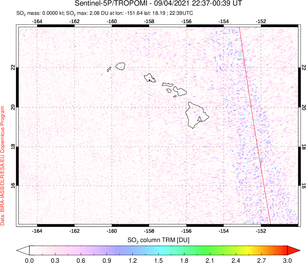 A sulfur dioxide image over Hawaii, USA on Sep 04, 2021.