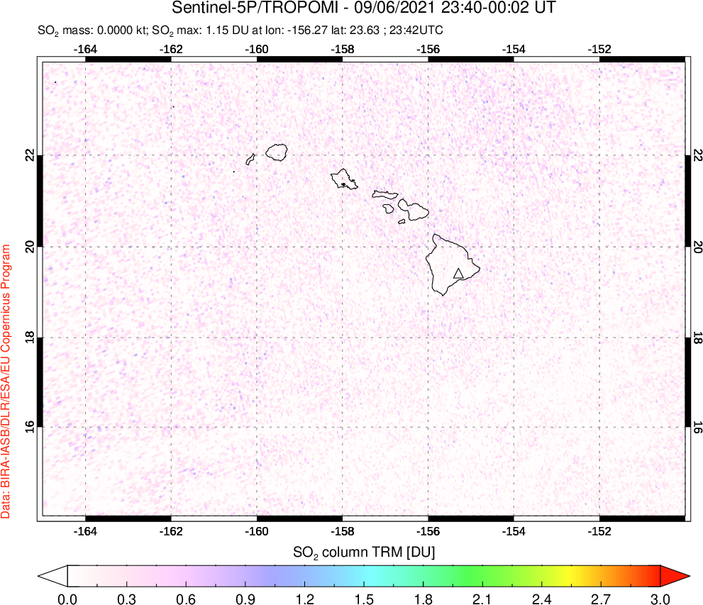 A sulfur dioxide image over Hawaii, USA on Sep 06, 2021.