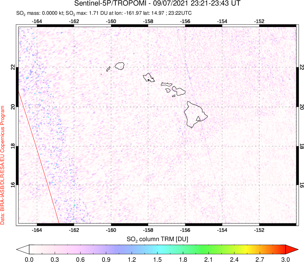 A sulfur dioxide image over Hawaii, USA on Sep 07, 2021.