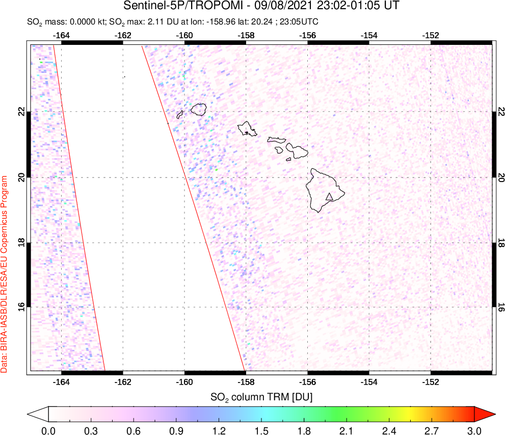 A sulfur dioxide image over Hawaii, USA on Sep 08, 2021.
