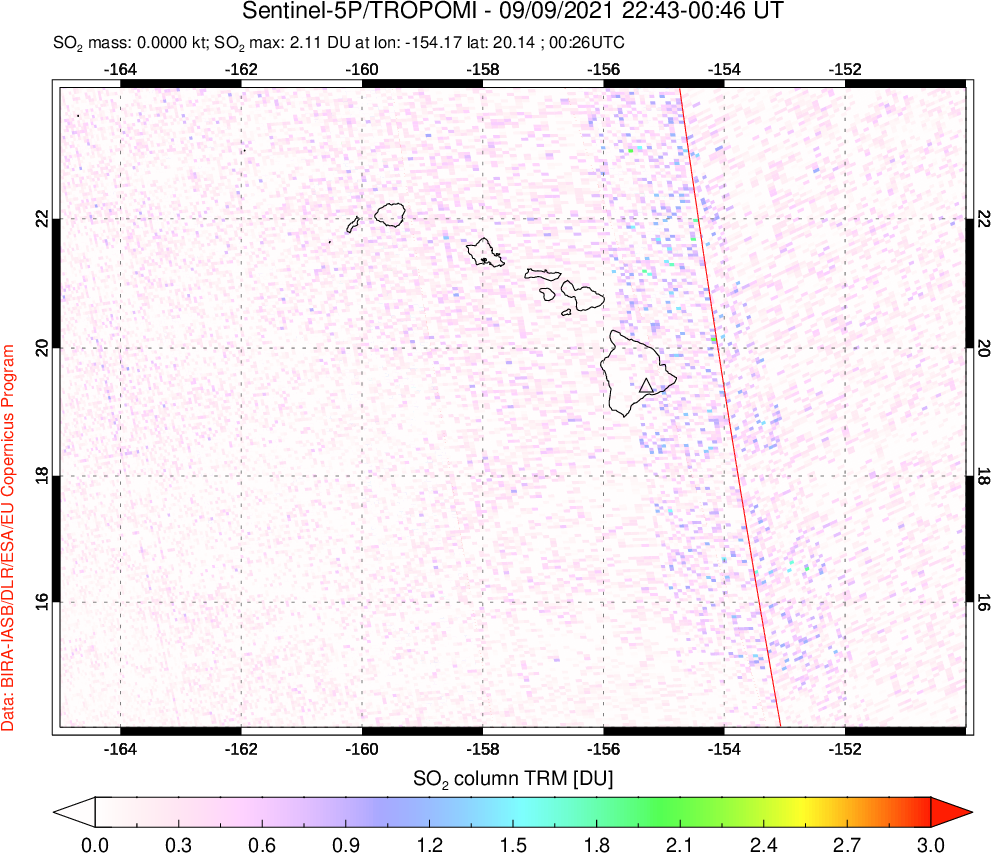 A sulfur dioxide image over Hawaii, USA on Sep 09, 2021.