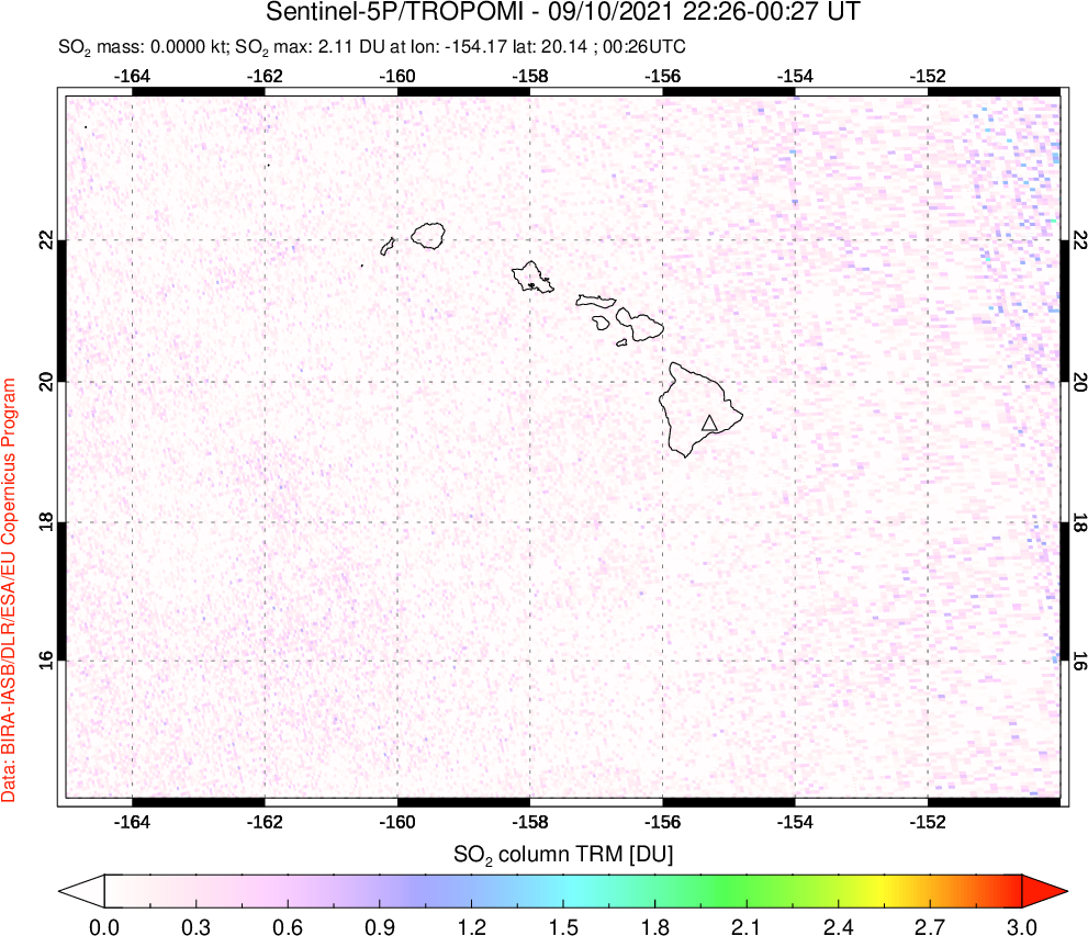 A sulfur dioxide image over Hawaii, USA on Sep 10, 2021.