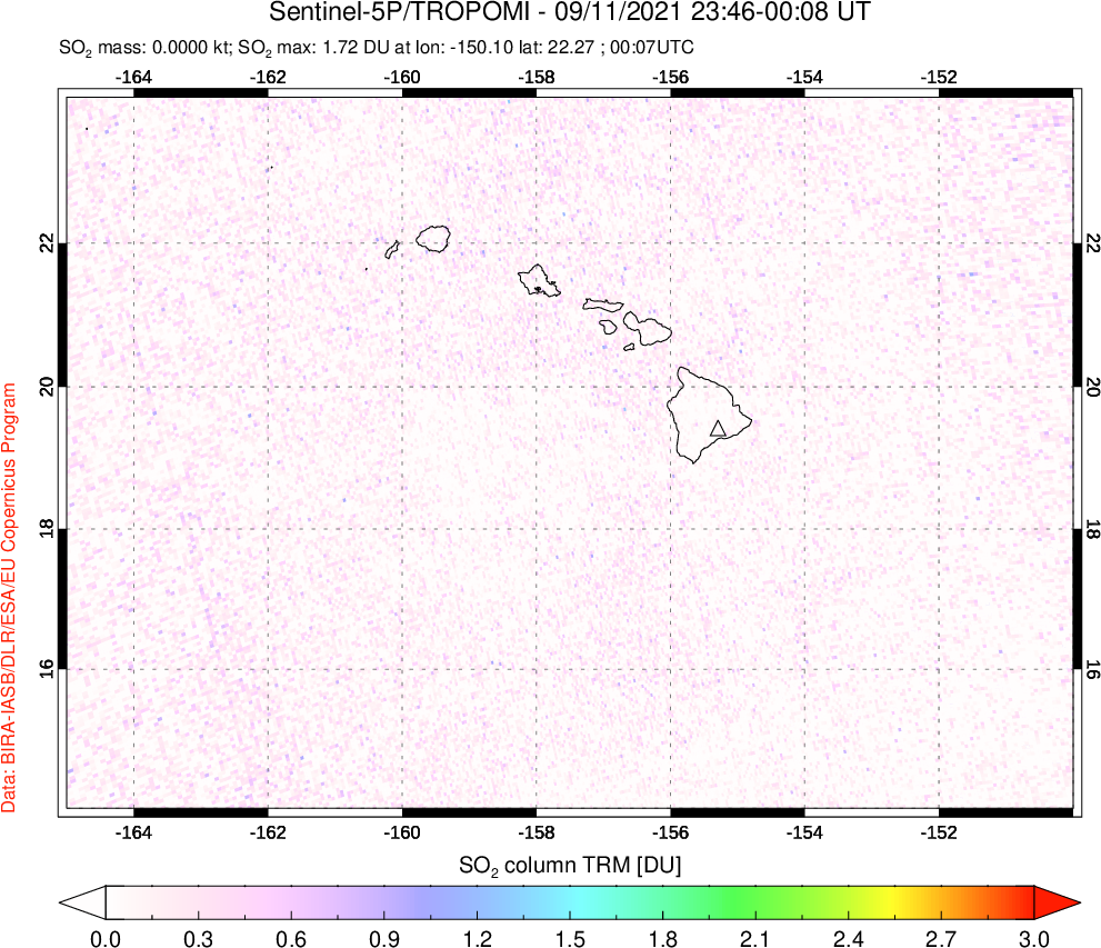 A sulfur dioxide image over Hawaii, USA on Sep 11, 2021.