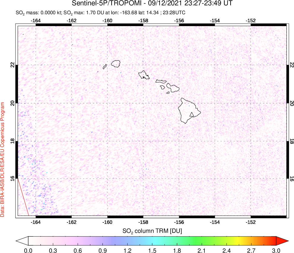 A sulfur dioxide image over Hawaii, USA on Sep 12, 2021.