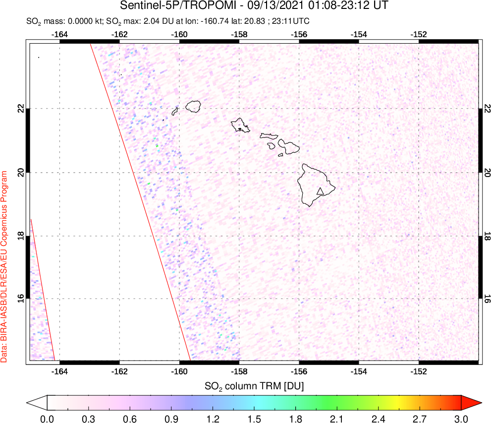 A sulfur dioxide image over Hawaii, USA on Sep 13, 2021.