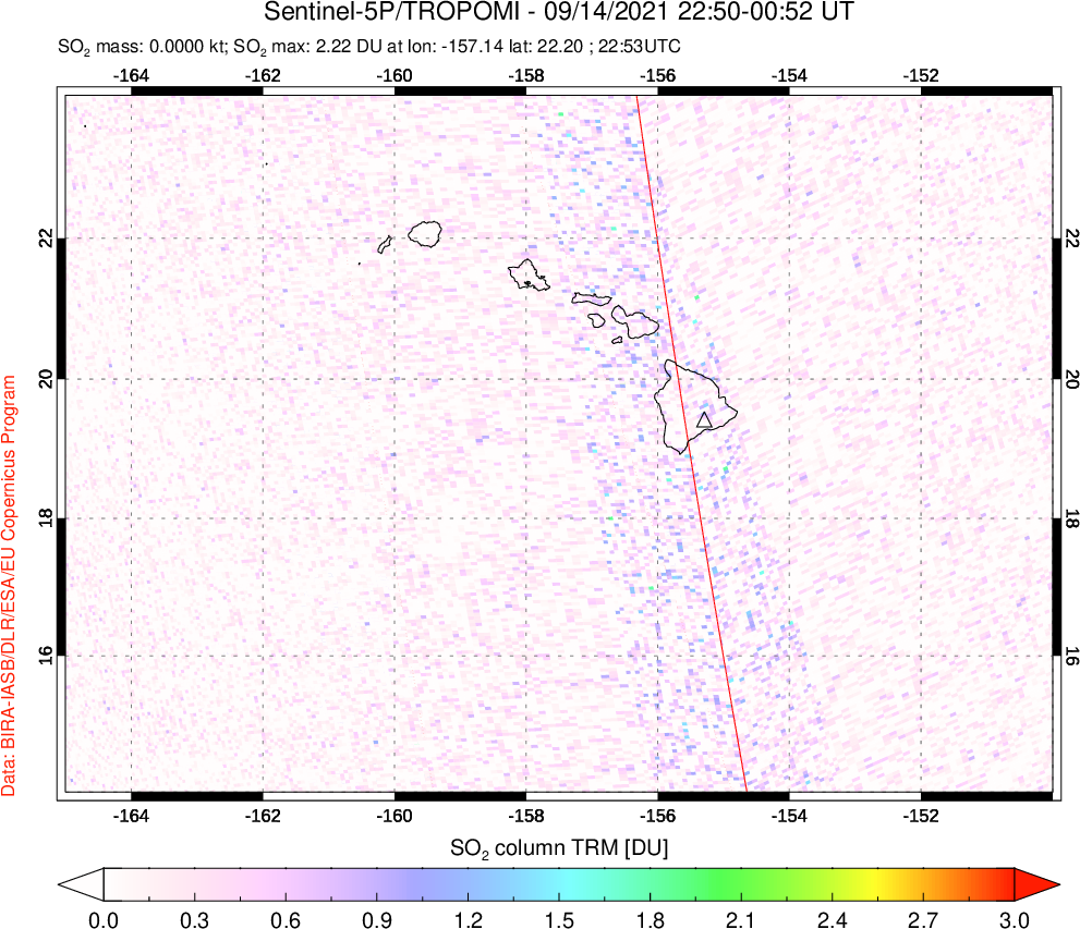A sulfur dioxide image over Hawaii, USA on Sep 14, 2021.