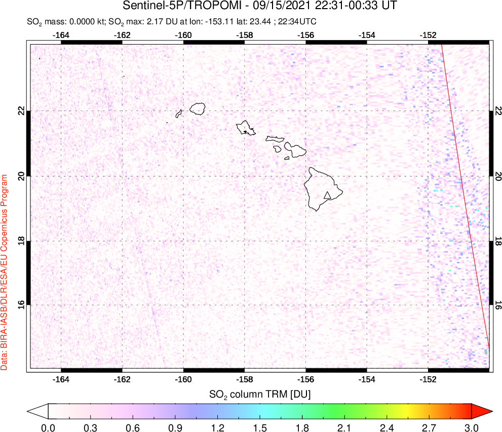 A sulfur dioxide image over Hawaii, USA on Sep 15, 2021.