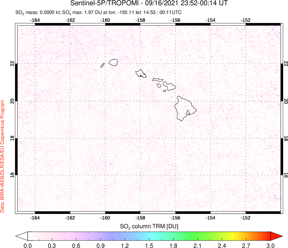 A sulfur dioxide image over Hawaii, USA on Sep 16, 2021.