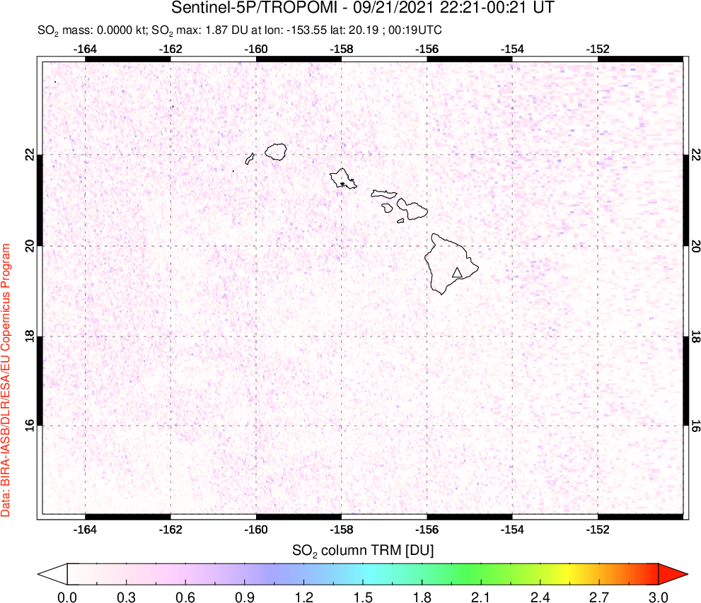 A sulfur dioxide image over Hawaii, USA on Sep 21, 2021.