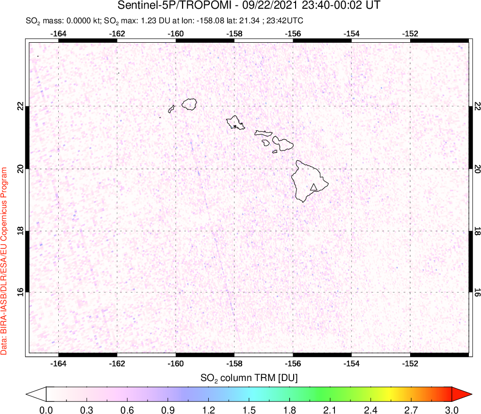 A sulfur dioxide image over Hawaii, USA on Sep 22, 2021.