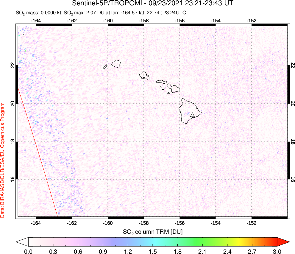 A sulfur dioxide image over Hawaii, USA on Sep 23, 2021.