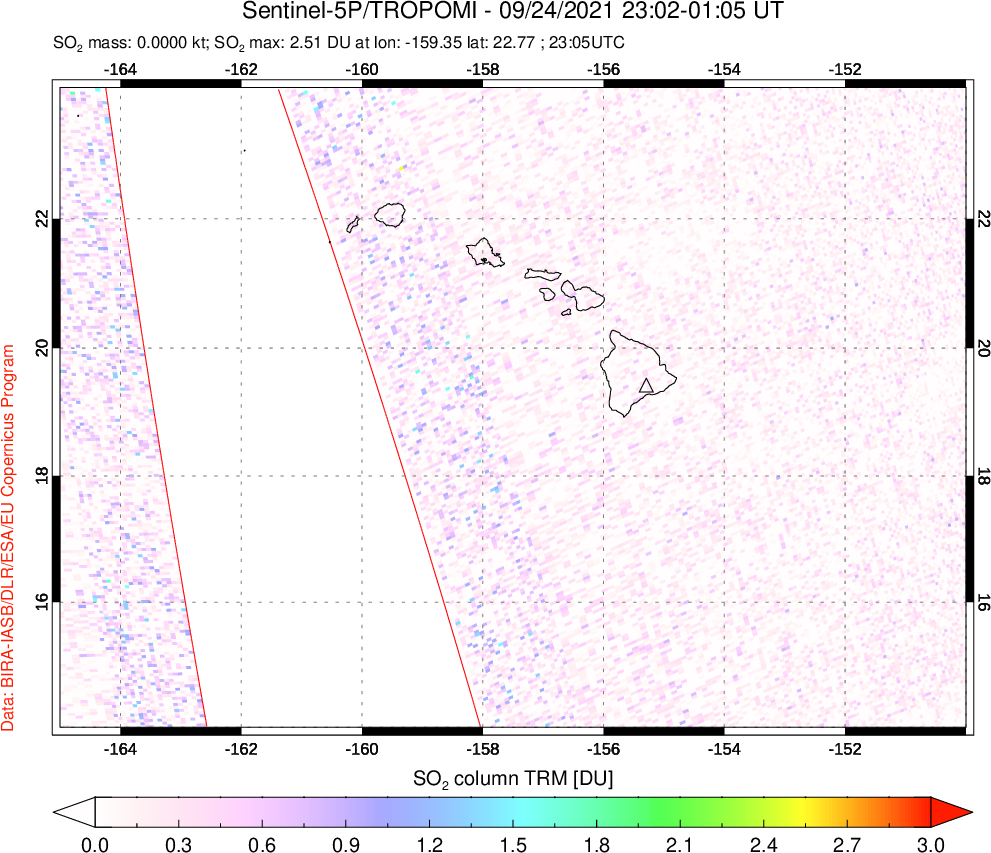 A sulfur dioxide image over Hawaii, USA on Sep 24, 2021.