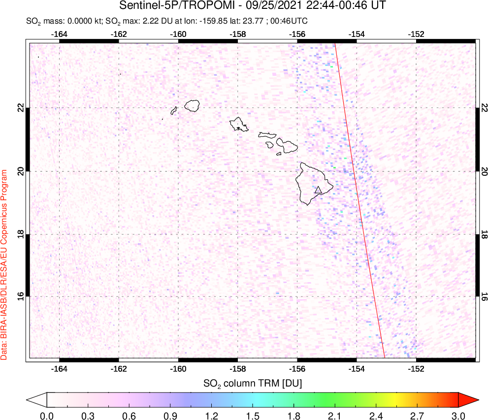 A sulfur dioxide image over Hawaii, USA on Sep 25, 2021.