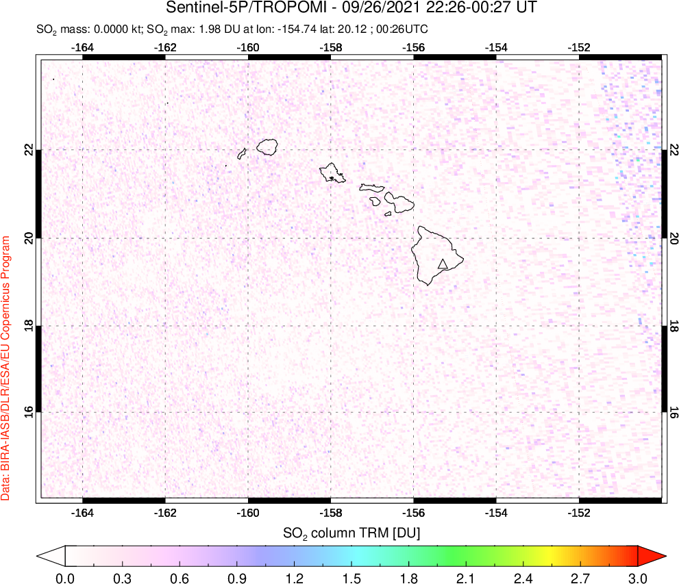 A sulfur dioxide image over Hawaii, USA on Sep 26, 2021.