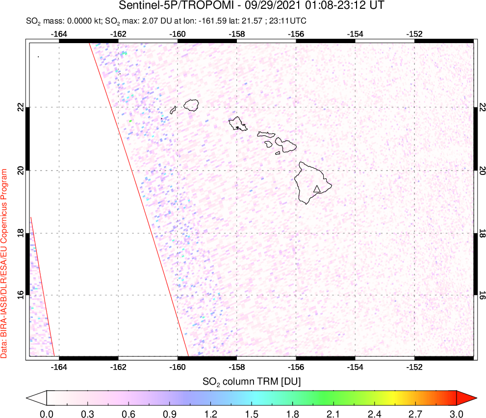 A sulfur dioxide image over Hawaii, USA on Sep 29, 2021.