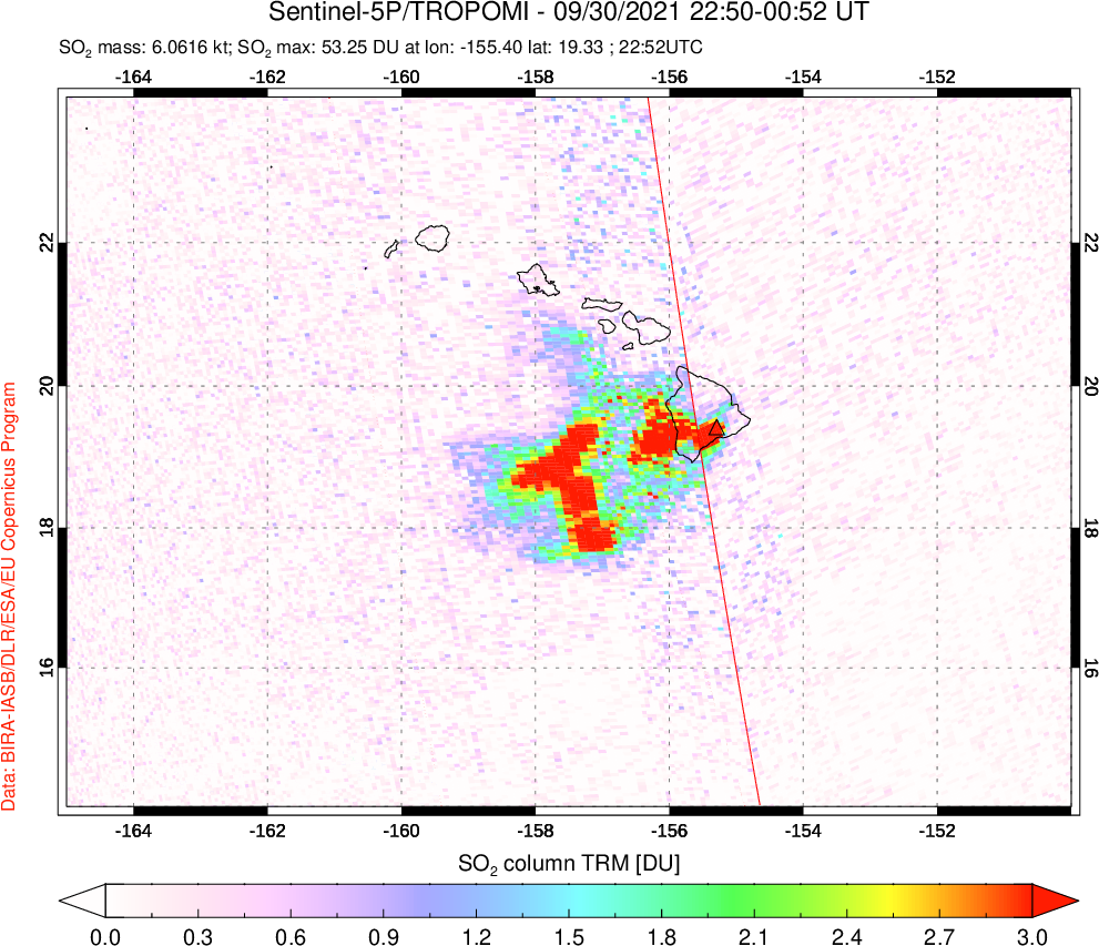 A sulfur dioxide image over Hawaii, USA on Sep 30, 2021.