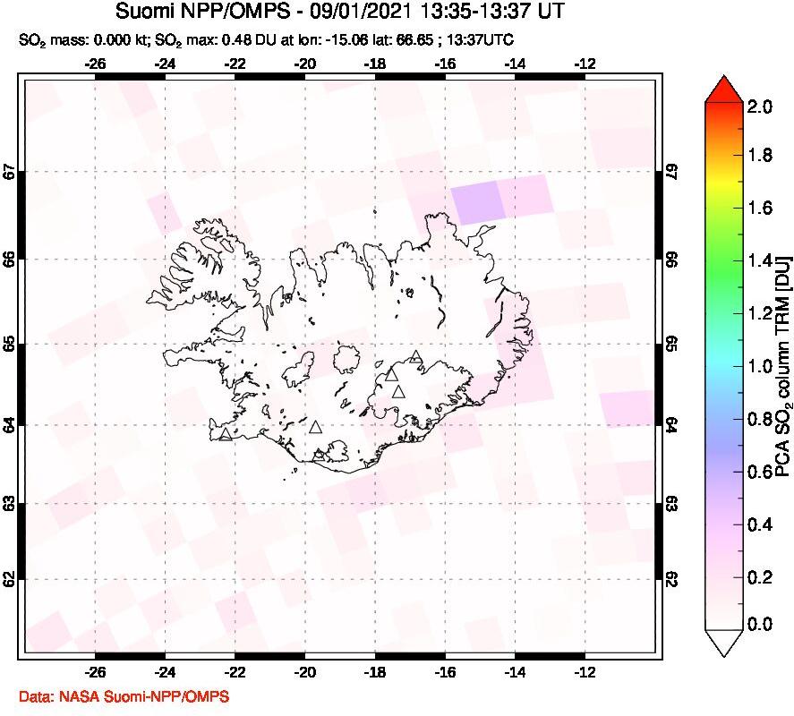 A sulfur dioxide image over Iceland on Sep 01, 2021.