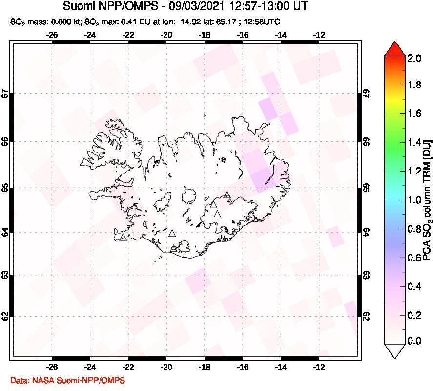 A sulfur dioxide image over Iceland on Sep 03, 2021.