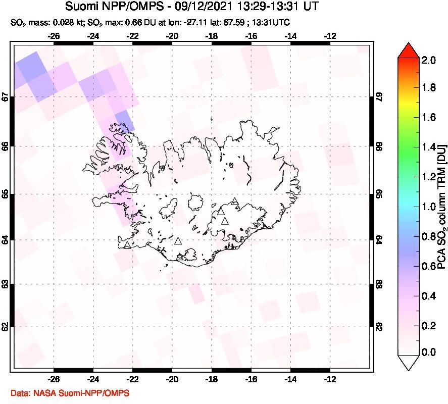 A sulfur dioxide image over Iceland on Sep 12, 2021.